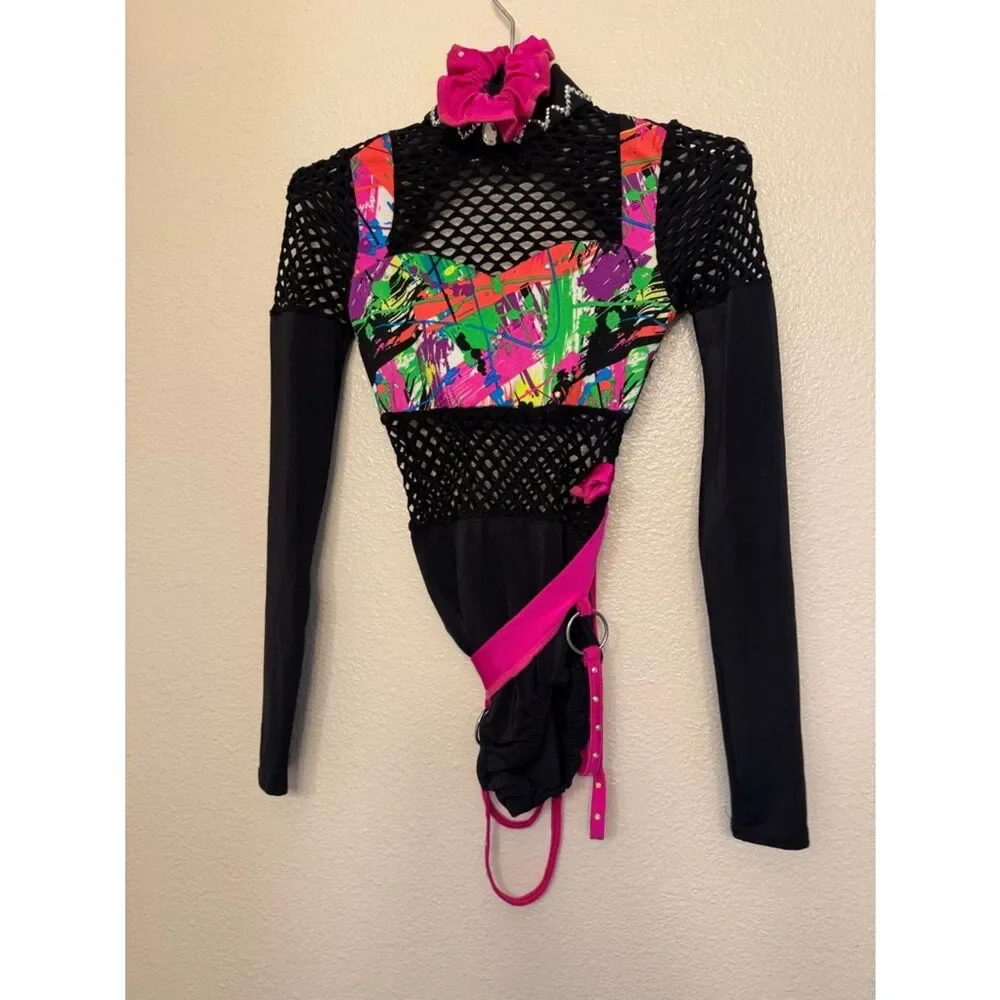 Kelle dance neon Y2K acro contemporary costume leotard fishnet 5304 MC 10/12
